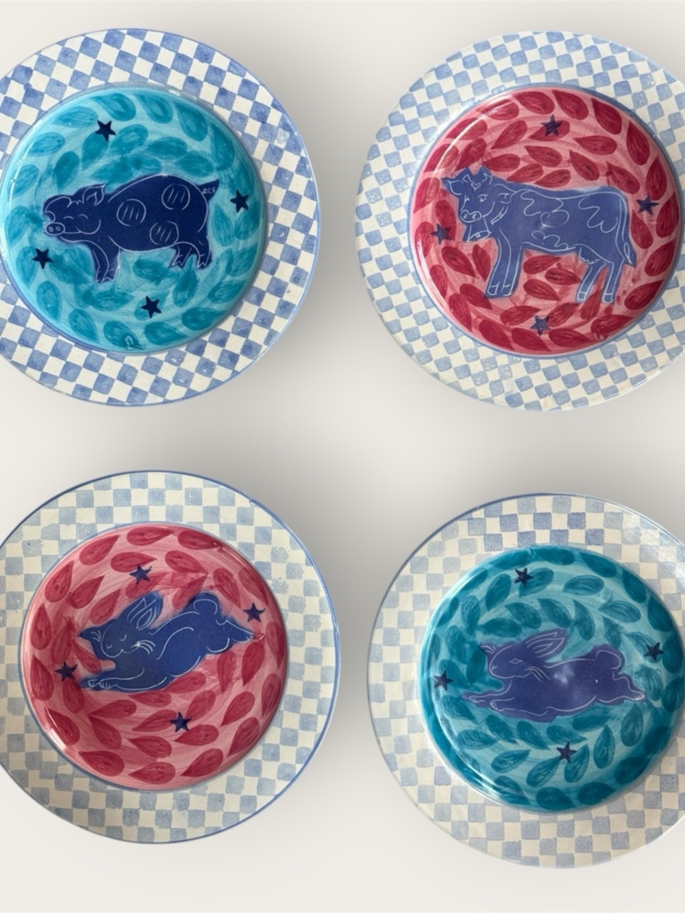 Daniel Lasser studio pottery Hand-Painted Animal dinner plate #4 bunny blue